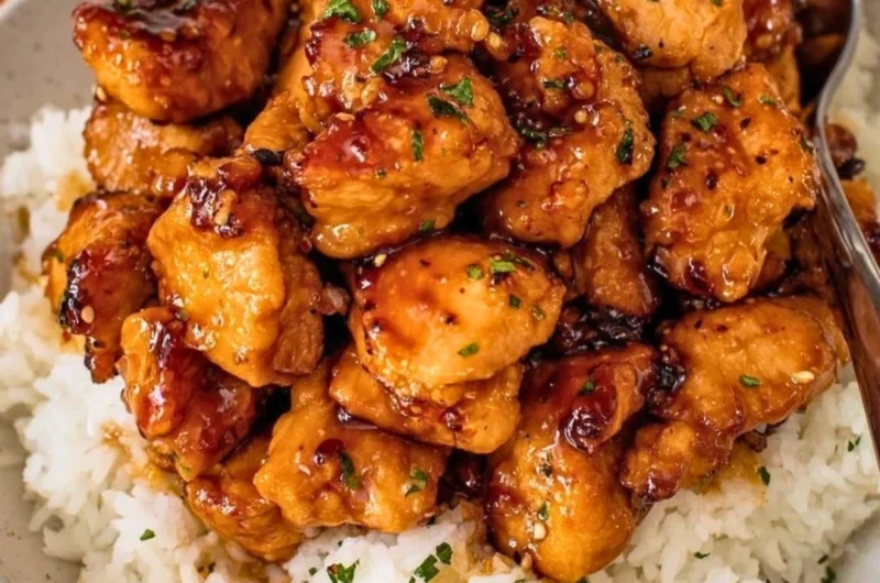 20-minute honey garlic chicken bites on a plate garnished with green onions.