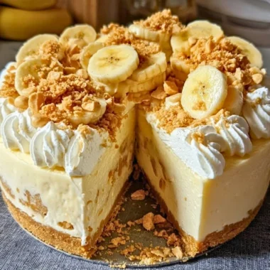 Delicious banana pudding crunch cheesecake topped with whipped cream and banana slices.