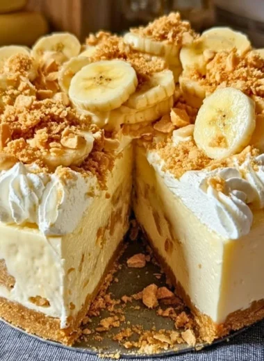 Delicious banana pudding crunch cheesecake topped with whipped cream and banana slices.