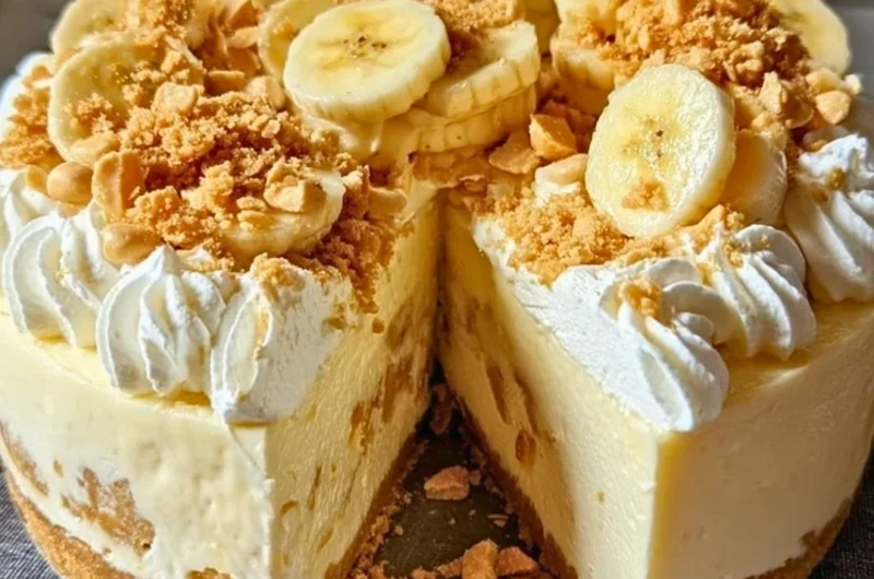Delicious banana pudding crunch cheesecake topped with whipped cream and banana slices.