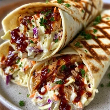 BBQ chicken coleslaw wrap served on a plate with fresh ingredients