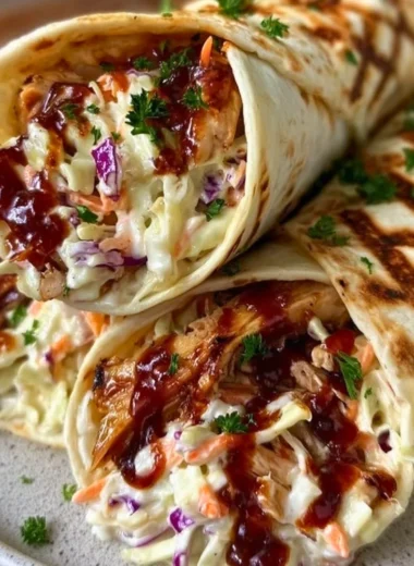 BBQ chicken coleslaw wrap served on a plate with fresh ingredients