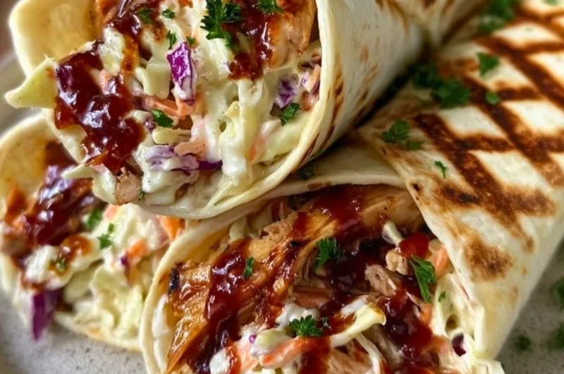 BBQ chicken coleslaw wrap served on a plate with fresh ingredients