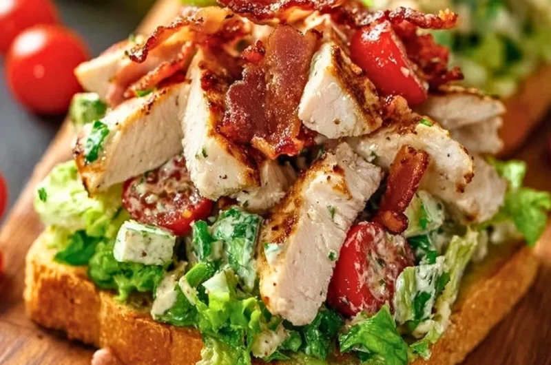 BLT Chicken Salad with bacon, chicken, lettuce, and tomatoes in a bowl