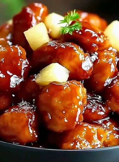 Delicious brown sugar pineapple chicken served with fresh vegetables.
