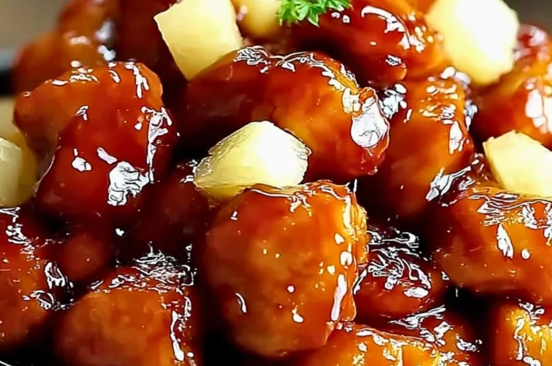 Delicious brown sugar pineapple chicken served with fresh vegetables.