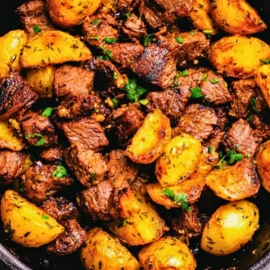 Delicious Butter Steak Bites served with garlic herb potatoes
