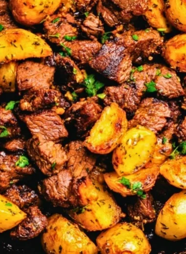 Delicious Butter Steak Bites served with garlic herb potatoes
