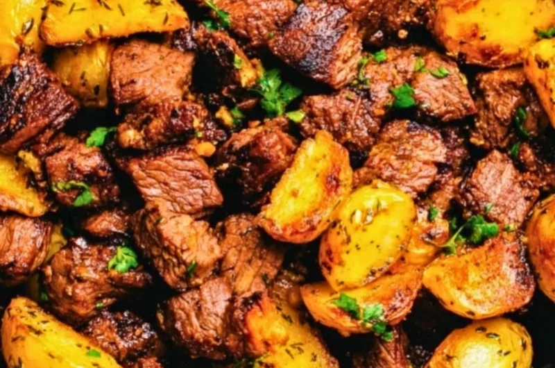 Delicious Butter Steak Bites served with garlic herb potatoes