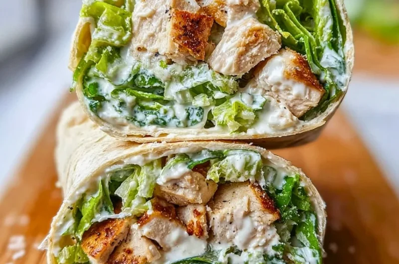 Delicious Chicken Caesar Salad Wraps with crisp romaine and grilled chicken