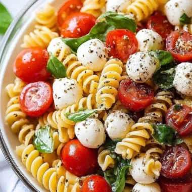 Colorful Caprese Pasta Salad with fresh mozzarella, tomatoes, and basil