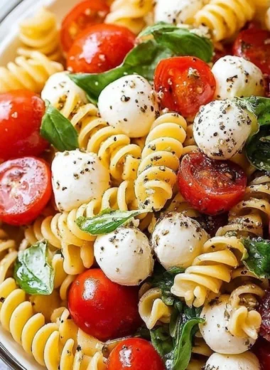 Colorful Caprese Pasta Salad with fresh mozzarella, tomatoes, and basil