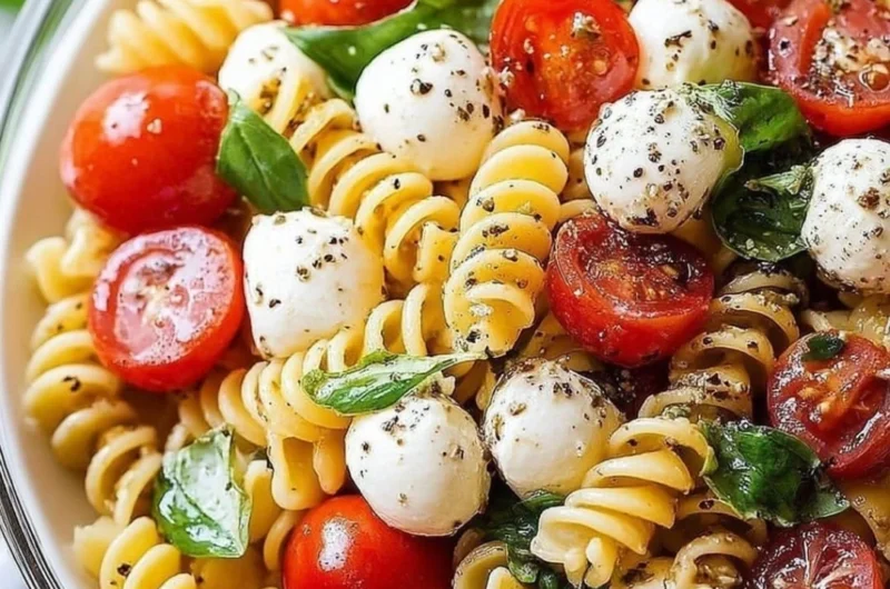 Colorful Caprese Pasta Salad with fresh mozzarella, tomatoes, and basil