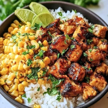 Colorful chicken rice bowl topped with fresh vegetables and herbs.