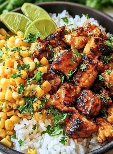 Colorful chicken rice bowl topped with fresh vegetables and herbs.