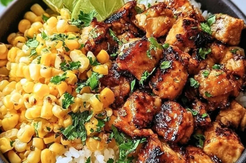Colorful chicken rice bowl topped with fresh vegetables and herbs.