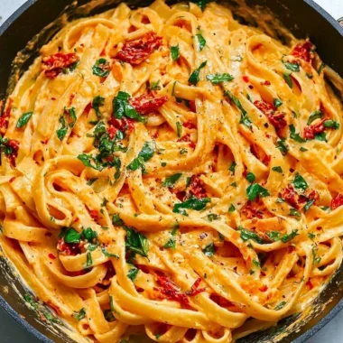 Creamy vegan sun-dried tomato pasta dish garnished with fresh herbs