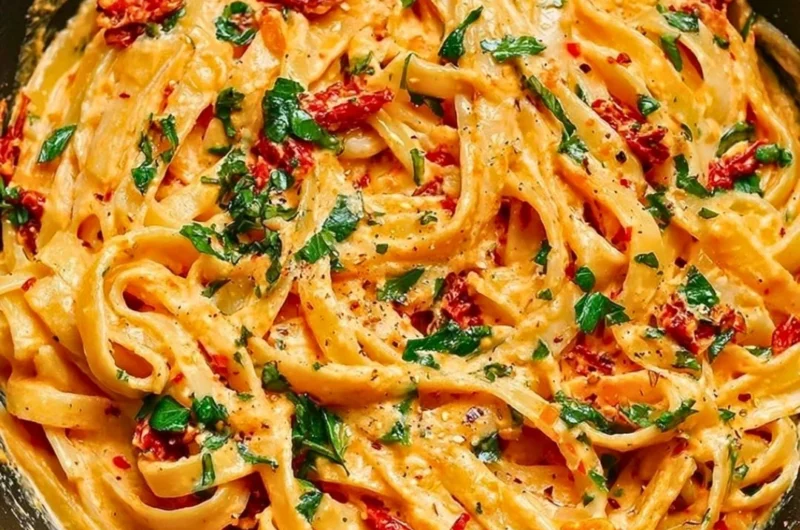 Creamy vegan sun-dried tomato pasta dish garnished with fresh herbs
