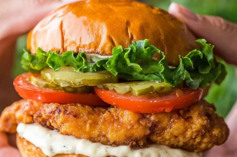 Delicious crispy chicken sandwich with fresh toppings and crispy texture