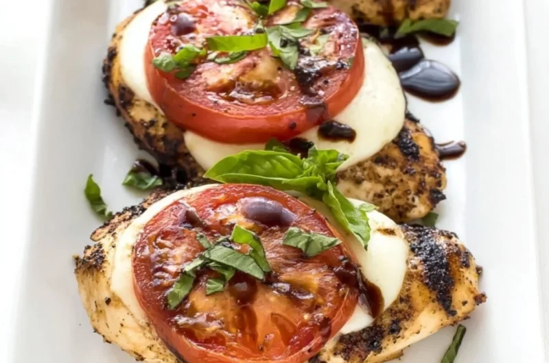 Delicious Grilled Chicken Caprese with basil and mozzarella on a plate