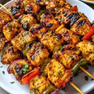 Delicious grilled chicken skewers topped with savory cowboy butter on a serving platter.