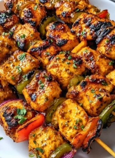 Delicious grilled chicken skewers topped with savory cowboy butter on a serving platter.