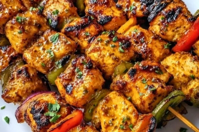 Delicious grilled chicken skewers topped with savory cowboy butter on a serving platter.