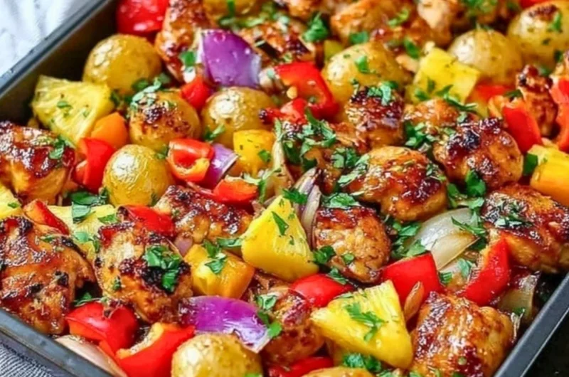 Delicious Hawaiian chicken dish with pineapple served on a plate.