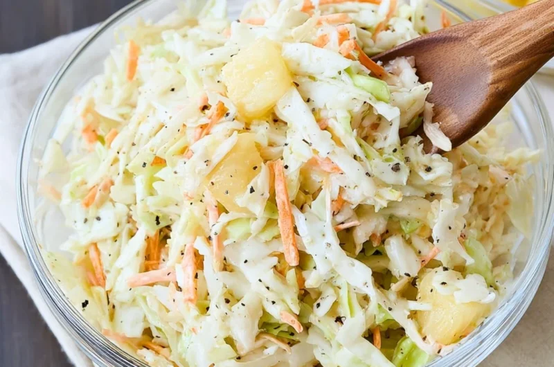 Bowl of colorful Hawaiian Coleslaw with fresh ingredients