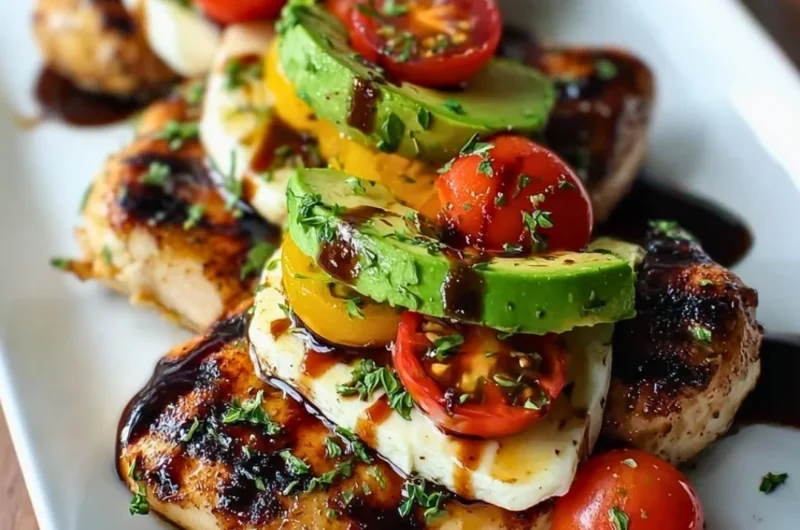 Juicy grilled chicken with California avocado on a plate