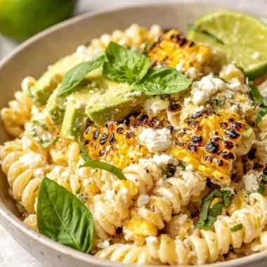 Delicious street corn pasta salad served in a colorful bowl with fresh ingredients.