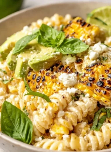 Delicious street corn pasta salad served in a colorful bowl with fresh ingredients.