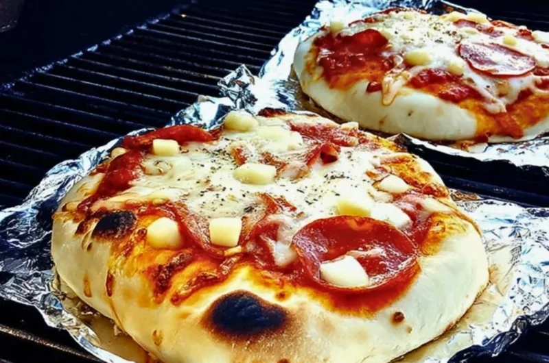 Delicious grilled pizza with colorful toppings on a wooden board
