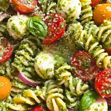Pesto pasta salad with tomatoes and mozzarella in a bowl.