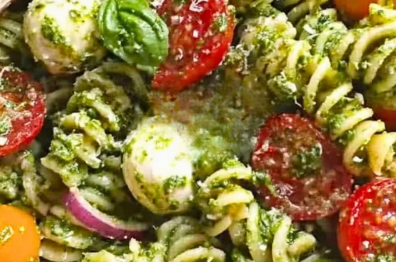 Pesto pasta salad with tomatoes and mozzarella in a bowl.
