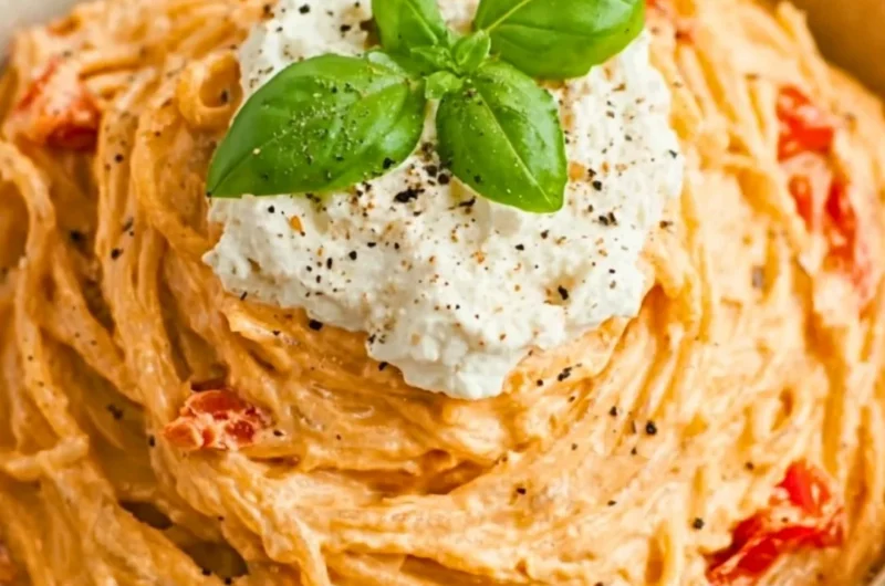 Plate of roasted tomato and garlic ricotta pasta garnished with basil