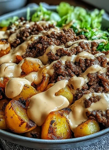 Savory smash burger bowl with fresh ingredients and toppings