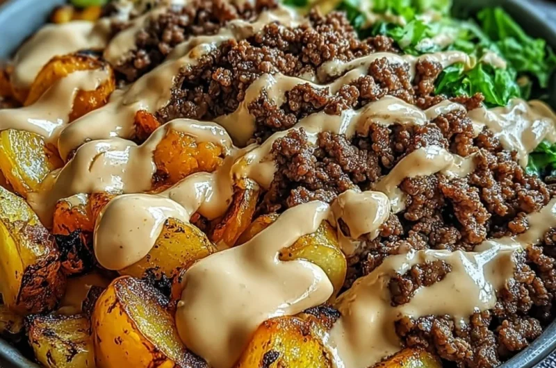Savory smash burger bowl with fresh ingredients and toppings
