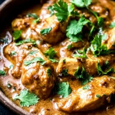 Bowl of Slow Cooker Thai Peanut Chicken garnished with chopped peanuts and herbs
