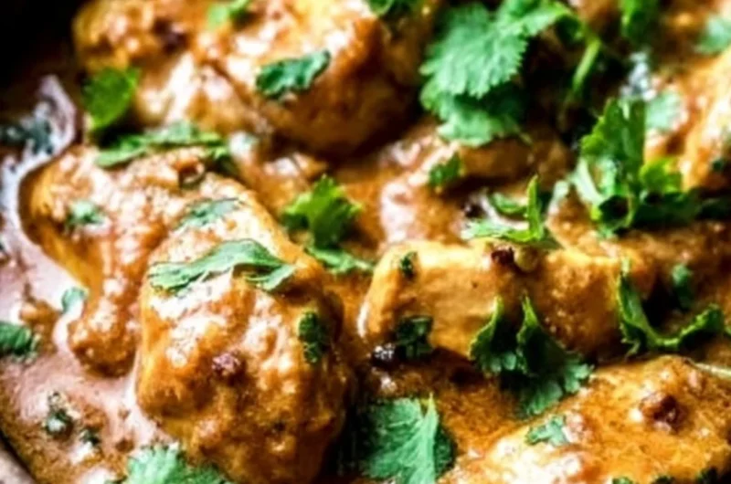 Bowl of Slow Cooker Thai Peanut Chicken garnished with chopped peanuts and herbs