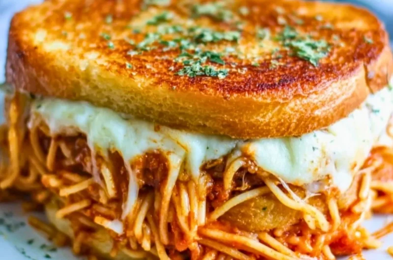 Spaghetti grilled cheese sandwich with melty cheese and pasta filling