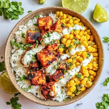 Street Corn Chicken Rice Bowl topped with fresh ingredients and flavorful spices