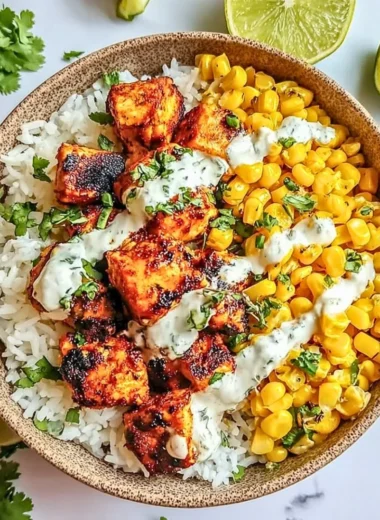 Street Corn Chicken Rice Bowl topped with fresh ingredients and flavorful spices