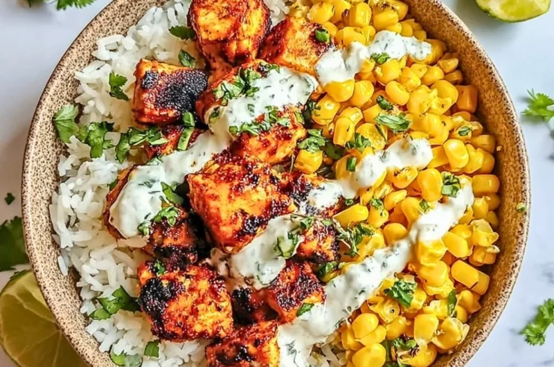 Street Corn Chicken Rice Bowl topped with fresh ingredients and flavorful spices