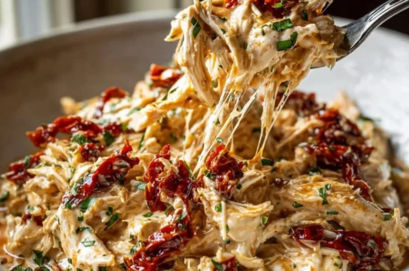 Creamy crockpot Marry Me Chicken served with herbs and pasta