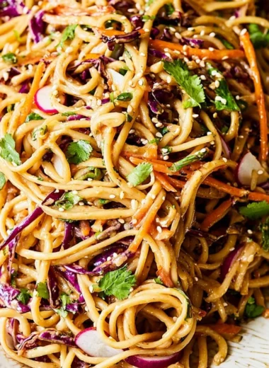 Asian Noodle Salad with Peanut Dressing served in a bowl