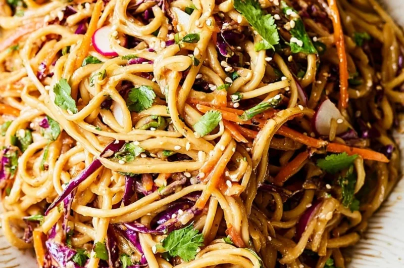 Asian Noodle Salad with Peanut Dressing served in a bowl
