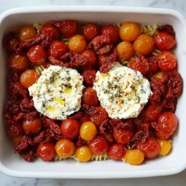 Baked feta pasta with Boursin cheese topped with herbs and tomatoes in a dish