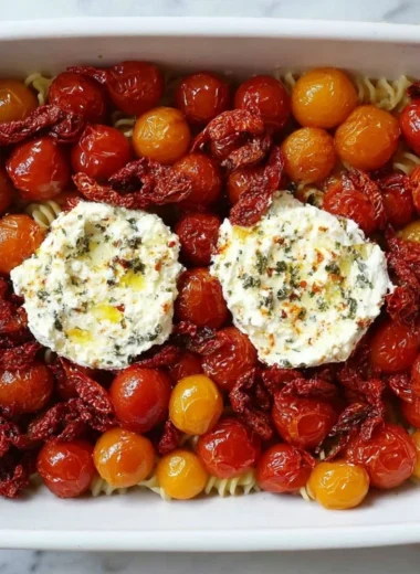 Baked feta pasta with Boursin cheese topped with herbs and tomatoes in a dish
