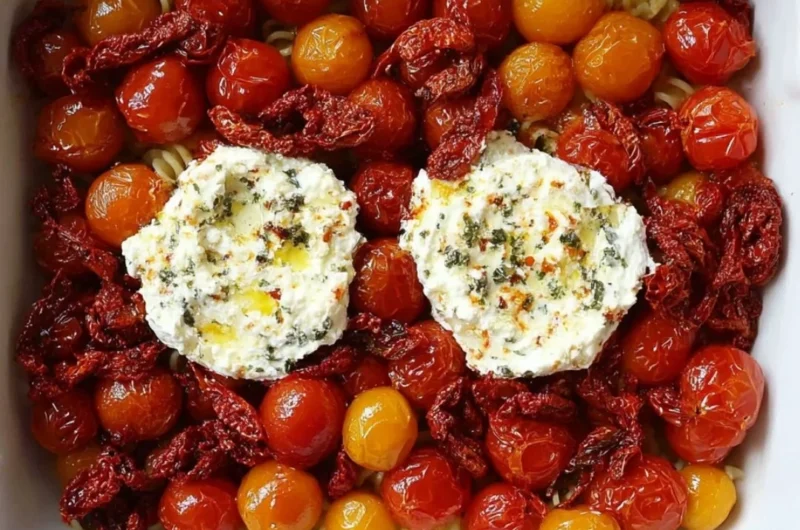 Baked feta pasta with Boursin cheese topped with herbs and tomatoes in a dish